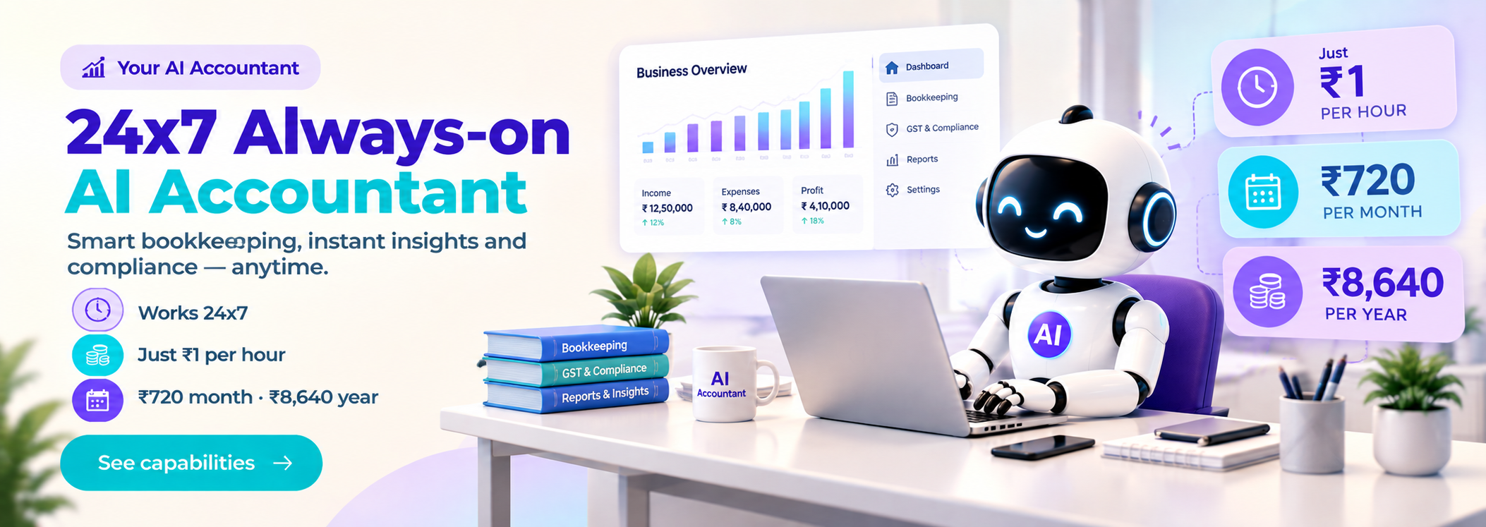 Works for you 24 × 7 — just ₹1 / hour