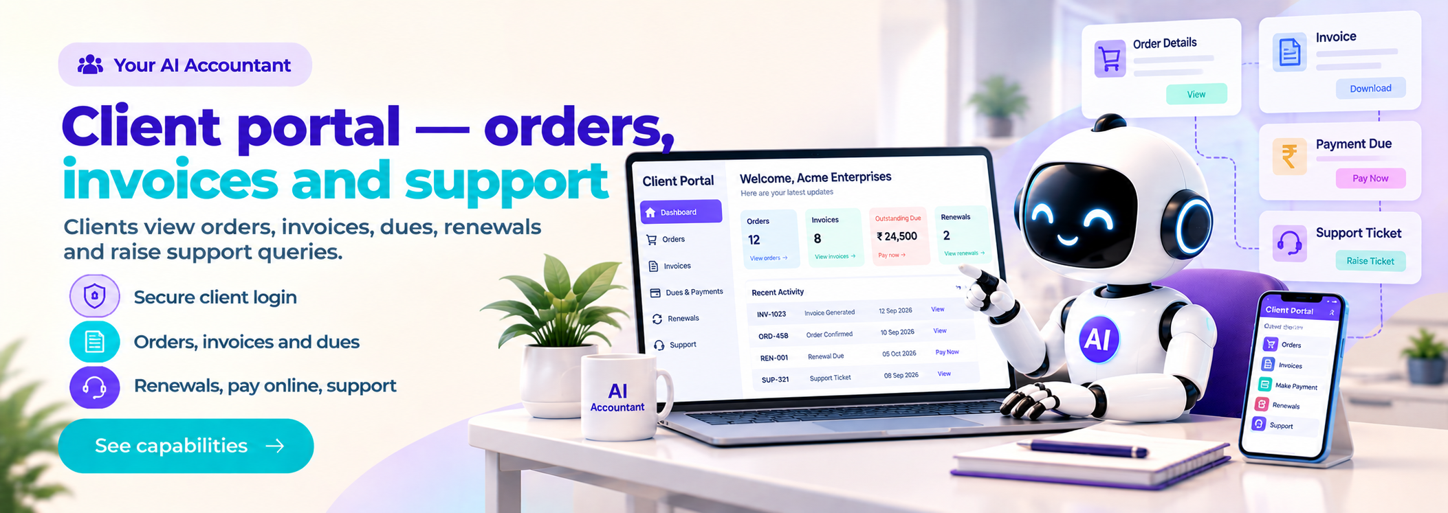 Client portal — orders, invoices & support